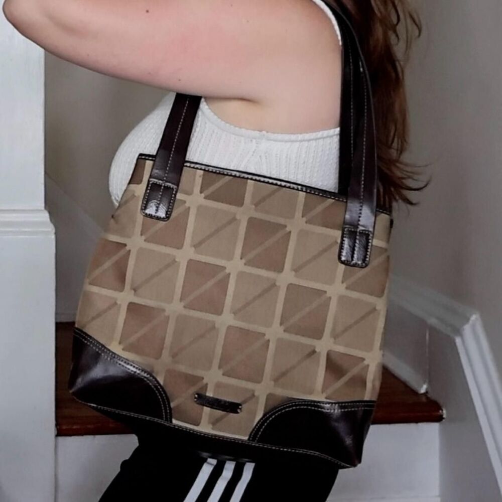Y2K Geometric Brown and Tan Everyday Tote Bag Nine & Co Shoulder 90s Friends